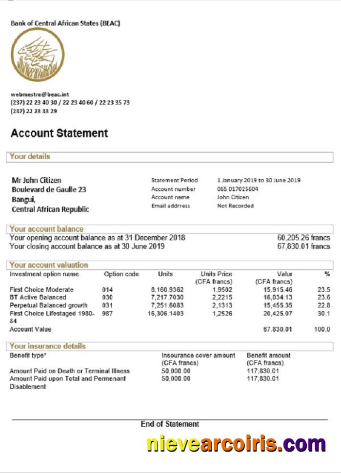Central African Republic Bank of Central African States (BEAC) bank statement